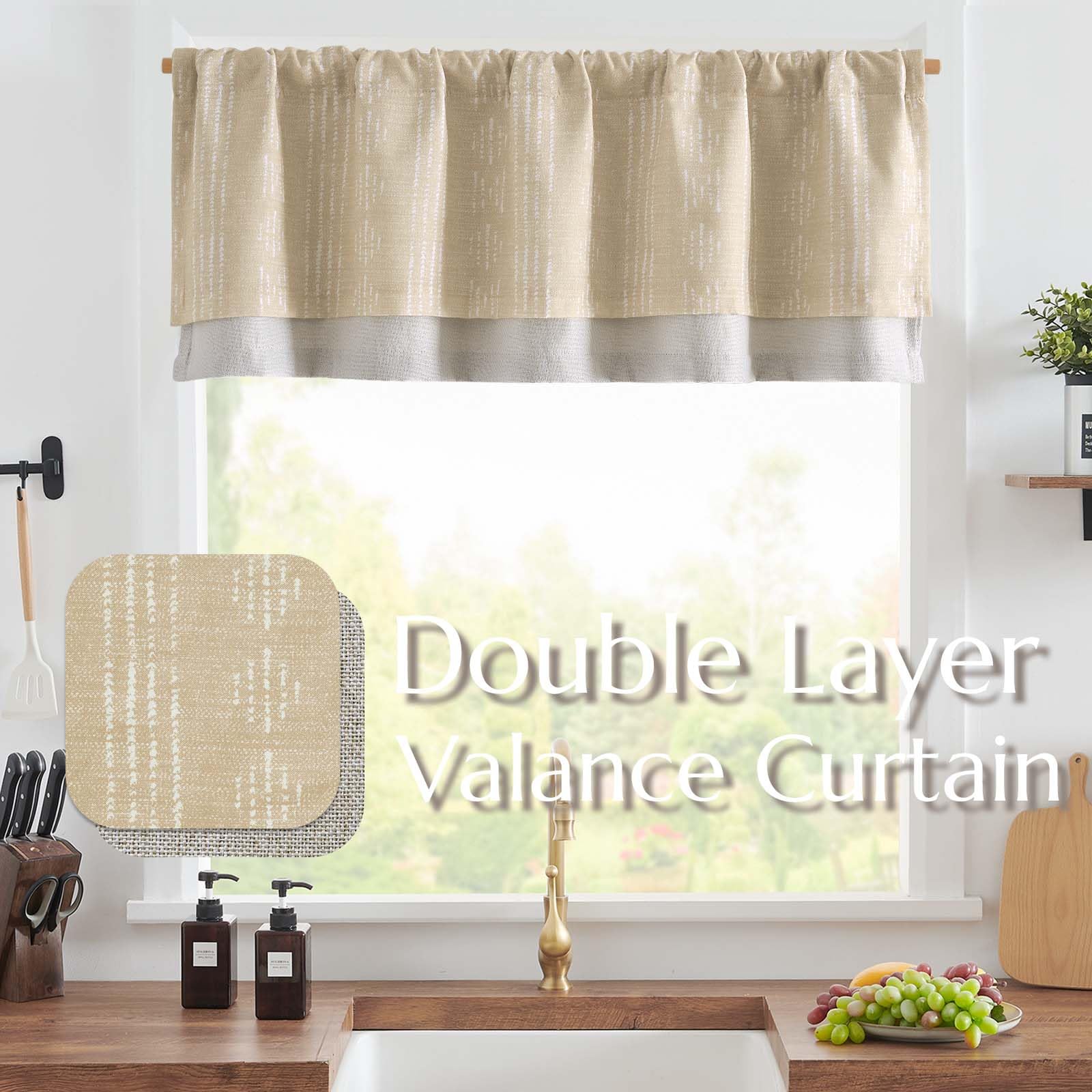 Jinchan Boho Valance Curtains Blackout Kitchen Valance For Windows Geometric Striped Valance For Living Room 18 Inch Double Layer Farmhouse Window Valances Overlay Valance Rod Pocket 1 Panel Beige